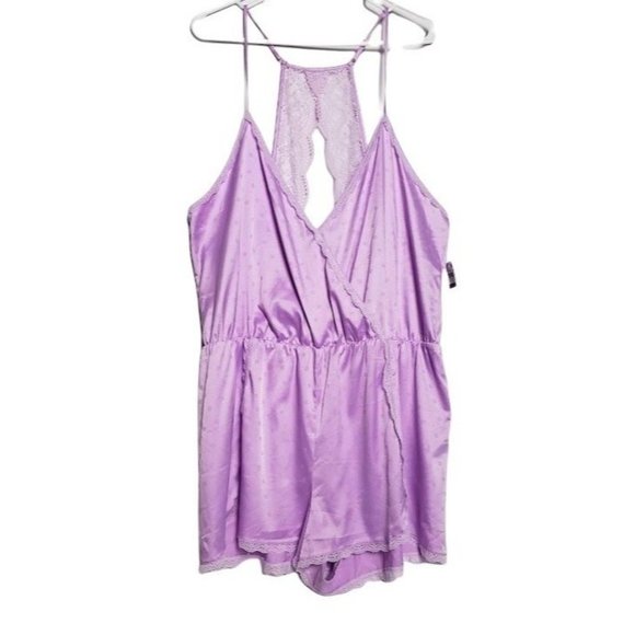 New Satin Lace-Trimmed Jacquard Pajama Romper, XS - Picture 2 of 4